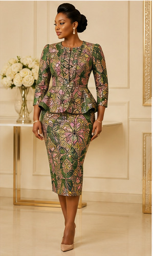 Green African Print Skirt Suit