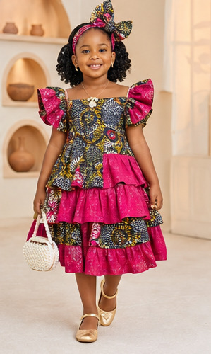 Girl's Pink Tiered Ankara Dress